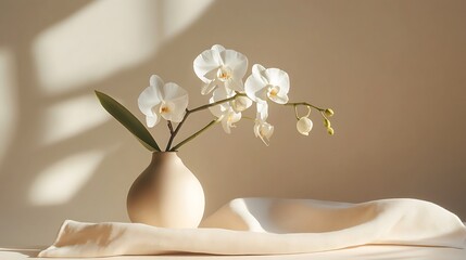 Canvas Print - White orchids in beige vase on silk fabric, sunlit.