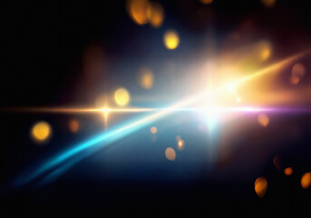 Poster - A dark background with a horizontal line of light, and a vertical line of light that intersect. The light is a mixture of yellow, blue, and purple.