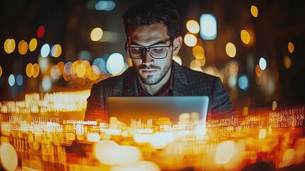 Poster - A focused man diligently working on a laptop in a modern workspace environment