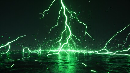Wall Mural - Abstract impact of neon green glowing lightning sparks effects anime on plain black background