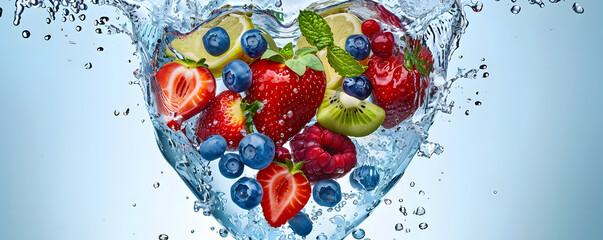 Poster - Fresh berries and fruit splashing in water