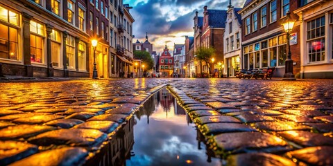 Wall Mural - Wet Cobblestone Street, European City, Rainy Day, Urban Exploration, Architecture