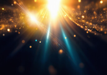Poster - A bright golden light shines from above, casting long beams across a dark, shimmering, sparkly surface.