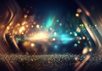 Poster - A dark background with sparkling glitter and blurred lights in shades of green and gold.