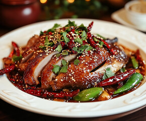 Wall Mural - A whole spicy duck with dried chili segments, Sichuan peppercorns, spices, red oil, and sesame seeds.