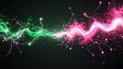 Wall Mural - Abstract impact of plasma green and flare pink glowing lightning sparks effects anime on plain black background