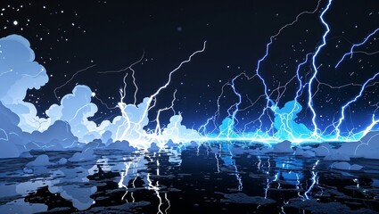 Wall Mural - Abstract impact of plasma white and meteor blue glowing lightning sparks effects anime on plain black background