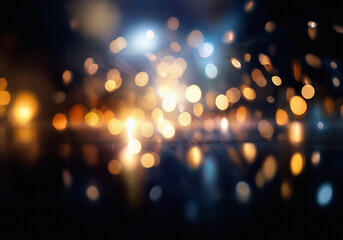 Poster - Out of focus lights reflected on a dark, smooth surface.
