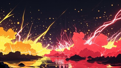 Wall Mural - Abstract impact of pulsar yellow and vibrant coral glowing lightning sparks effects anime on plain black background