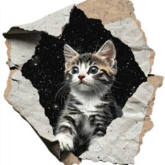 Wall Mural - cute kitten peeking through a hole in space - 3d wall art design
