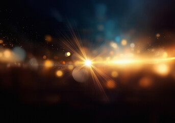Poster - A dark background with bright, blurry golden lights and a few blue lights in the distance.