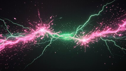 Wall Mural - abstract impact of starburst pink and nebula green glowing lightning sparks effects anime on plain b