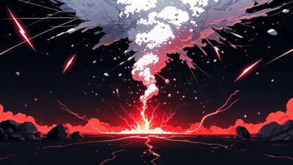 Wall Mural - Abstract impact of stardust white and meteorite red glowing lightning sparks effects anime on plain black background