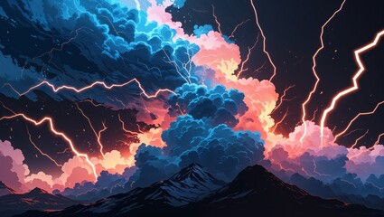 Wall Mural - Abstract impact of stormy cobalt and fiery peach glowing lightning sparks effects anime on plain black background