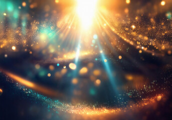 Poster - Abstract background with golden and turquoise bokeh lights, blurry, out of focus, glittering, vibrant, dark, glowing.