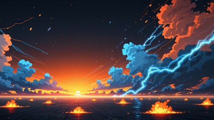 Wall Mural - Abstract impact of sunset orange and steel blue glowing lightning sparks effects anime on plain black background