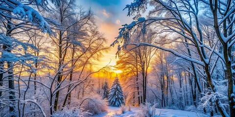 Poster - Winter Wonderland: Frozen Forest Scene, Snow Covered Trees, Bare Branches, Icy Landscape