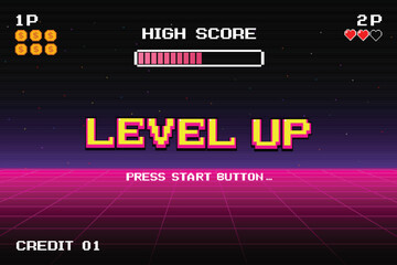 Poster - level up. press start button. pixel art. 8 bit game. retro game. for game assets in vector illustrat
