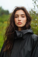 Wall Mural - A woman with long brown hair is wearing a black raincoat and standing in a field. The photo has a moody, somewhat melancholic feel to it, as the woman's expression is somewhat serious