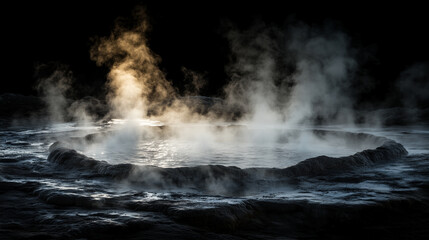 Hot spring surrounded by steam rising into dark background showcases natural relaxation and tranquility