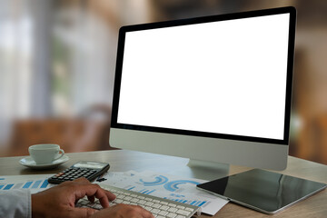 Poster - A businessman is using a modern laptop on a white desk in a bright office, typing on a keyboard while viewing a blank screen, showcasing technology and communication.