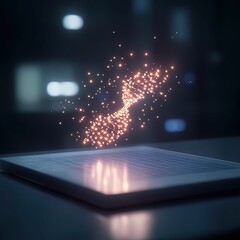 Fototapete - A glowing, swirling pattern of particles hovers above a flat surface, creating a mesmerizing visual effect in a dimly lit environment.