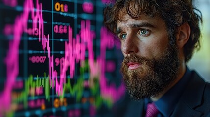 Poster - A bearded man standing in front of a computer screen engaged in work or study