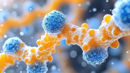 Poster - Closeup view of a biological cell featuring vibrant blue and orange substances under microscope