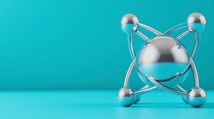 Poster - abstract chrome spheres interconnected by metallic rods against a teal background. 3d rendering of a