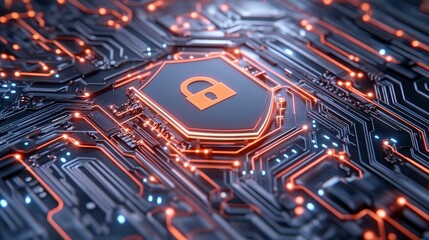 Poster - Abstract close up of a circuit board with an illuminated orange padlock icon in the center, representing digital security and data protection