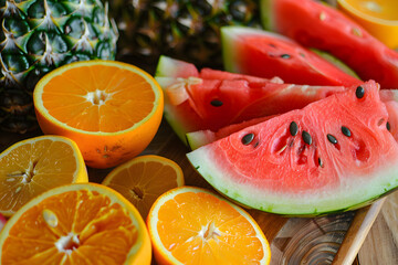Poster - Fresh tropical fruit assortment on wooden surface