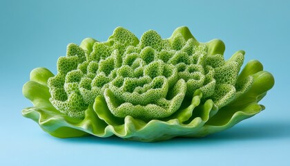 Fototapete - Abstract digital rendering of a green leafy vegetable, resembling a stylized flower, on a light blue background. The image features a detailed