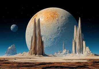 Poster - A desolate alien landscape at night, featuring towering rock formations, a large orange planet, and a smaller moon in the dark sky. The scene is