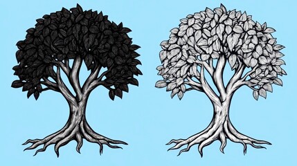 Wall Mural - Black and white illustrations of a large tree with exposed roots against a light blue background. The tree's leaves are detailed and full, creating a