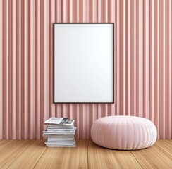 Wall Mural - A blank framed poster hangs on a wall with pale pink curtains, a stack of magazines, and a round pink pouf sits on a light brown wooden floor