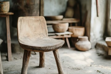 hand crafted modern furniture wood carved hewn manmade chair seat from the Iron age