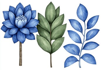 Poster - Blue and green watercolor botanical illustration featuring a stylized flower, leaves, and branch. The artwork is minimalist and has a textured