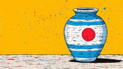 Wall Mural - Blue and white striped ceramic vase with a red circle, sitting on a speckled surface against a mustard yellow background. Colorful speckles are