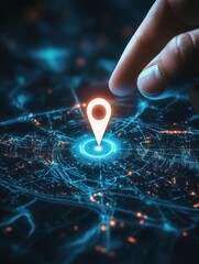 Aufkleber - Geo locate and navigation concept with man finger on digital screen with glowing pinpoint icon