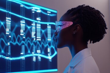 Poster - Female Scientist Wearing Futuristic Glasses in a High-Tech Lab