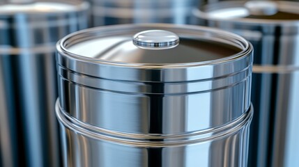 Poster - close up view of metallic silver cylindrical containers with detailed textured lids. reflective surf