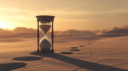 Wall Mural - Hourglass in desert sunset, footprints nearby; concept image for time, journey, or end