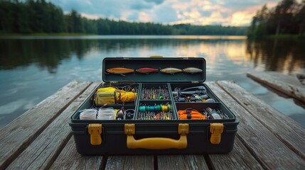 Wall Mural - Lures neatly arranged in a tackle box against a stunning lakeside sunset view