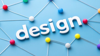 Poster - White block letters spelling DESIGN surrounded by colorful pushpins connected by thin wires on a light blue background. Overhead shot