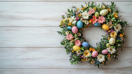 Wall Mural - Beautiful spring wreath adorned with colorful Easter eggs and flowers hanging on a wall