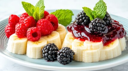 Sticker - Close up view of two dessert creations featuring sliced fruits arranged as a base, topped with fresh berries and a dark berry spread. The desserts