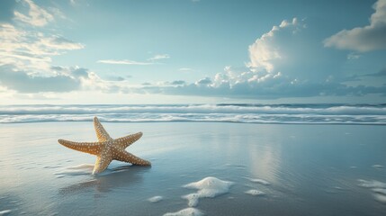 Wall Mural - Starfish resting on wet sand at the shoreline during a tranquil day with clouds in the background