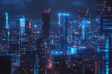 Aufkleber - Futuristic Cityscape at Night with Bright Neon Lights and Connections