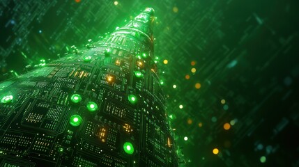 Poster - Futuristic christmas tree made of circuit board and lights is glowing green, copy space