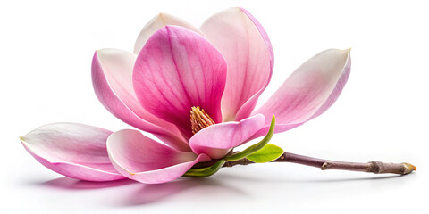Poster - A stunning magnolia flower displays its large pink petals gracefully arranged on a slender stem, highlighting its beauty and delicate structure against a white background
